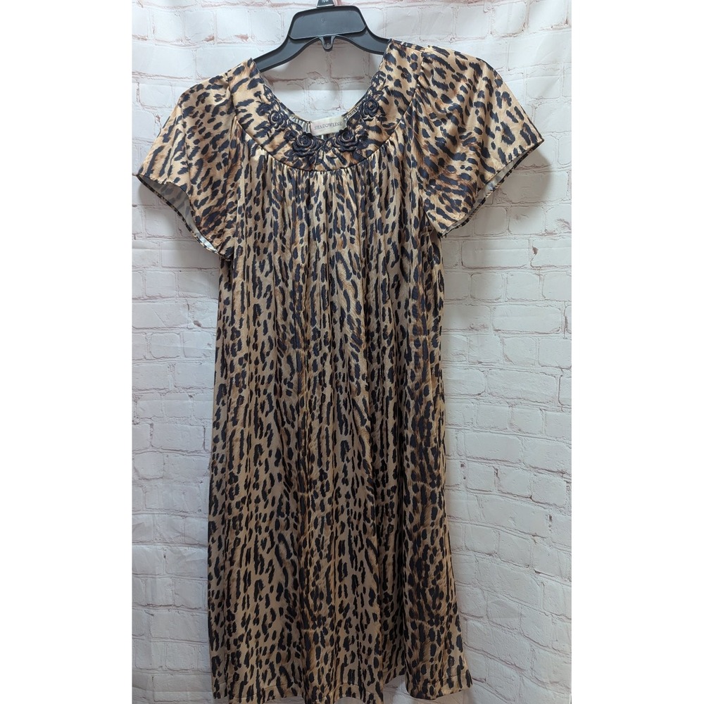 Shadowline Women's Satin Leopard Print Nightgown Medium embroidered neckling